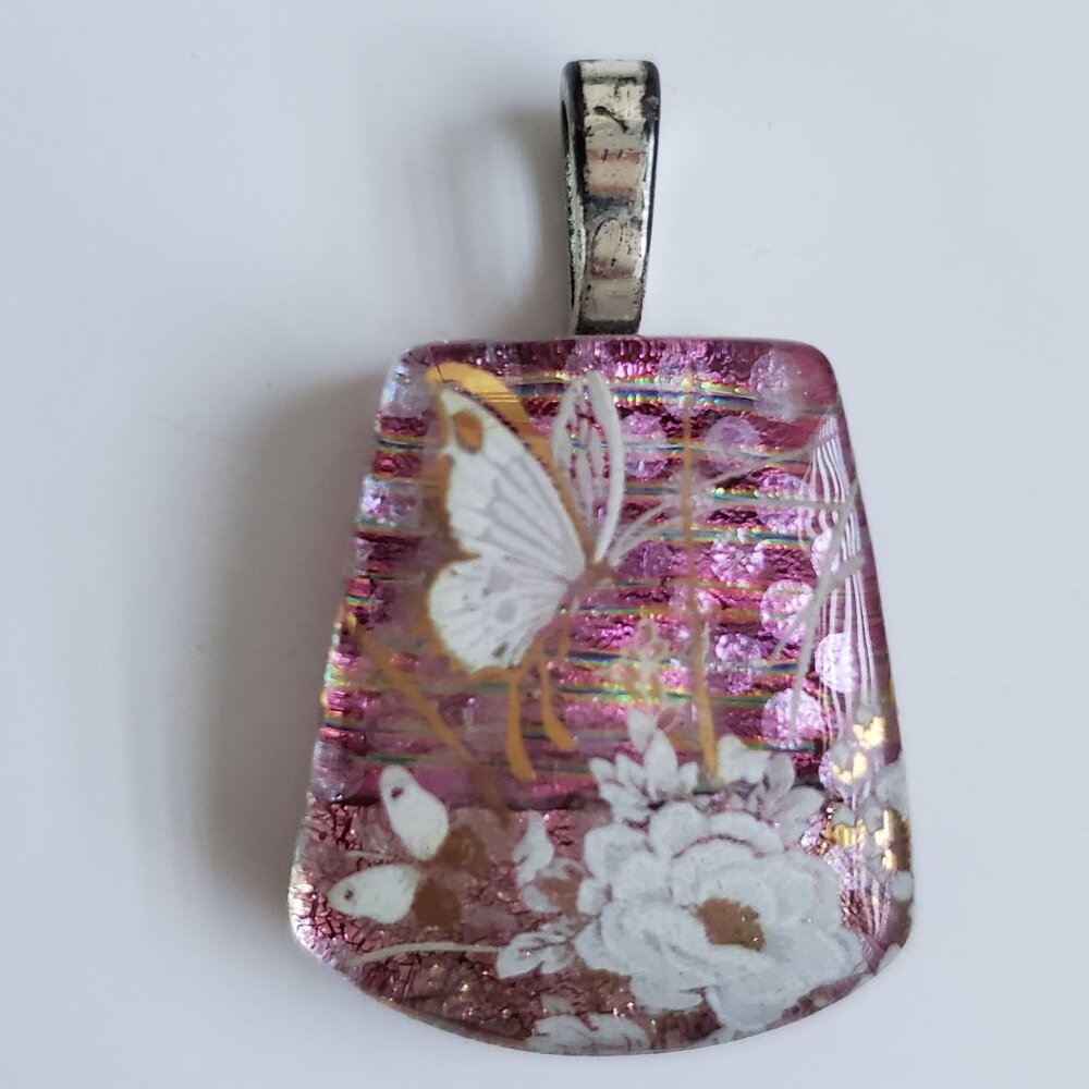 Infused CranberryGlass Pendant Metallic Green Stripe White Gold Floral Butterfly